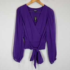 Express Blouse Top Women's Size L Purple Long Sleeve V Neck Lined Ruched Tie